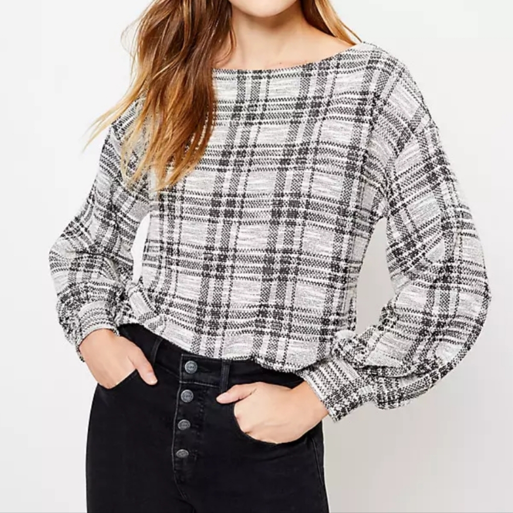 LOFT Small Plaid Boucle Puff Sleeve Sweatshirt